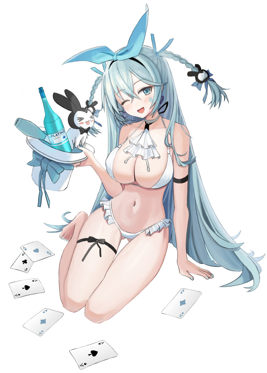 1girl ;d absurdres ace_(playing_card) ace_of_clubs ace_of_diamonds ace_of_hearts ace_of_spades bare_shoulders bikini black_survival blue_eyes blue_hair braid breasts card choker cleavage club_(shape) diamond_(shape) emma_hardy eternal_return:_black_survival fakey frilled_bikini frills hair_ribbon halterneck hat heart highres holding large_breasts long_hair looking_at_viewer navel one_eye_closed open_mouth playing_card ribbon smile solo spade_(shape) stomach string_bikini swimsuit thigh_gap thigh_strap thighs top_hat twin_braids very_long_hair white_bikini white_choker