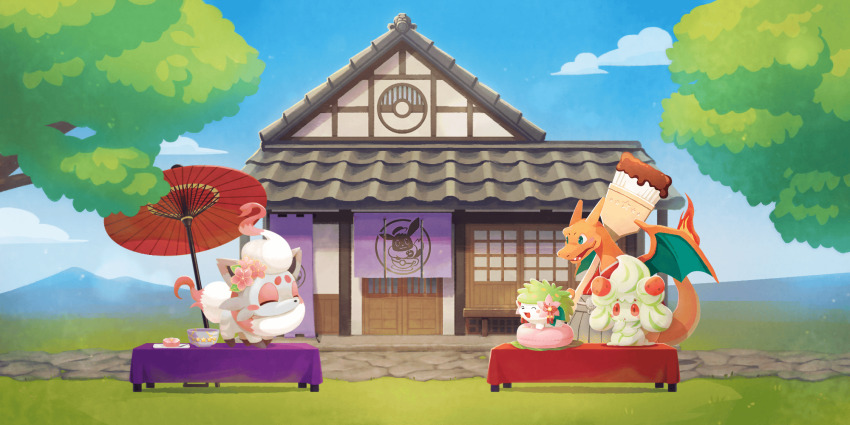 alcremie alcremie_(berry_sweet) alcremie_(matcha_cream) artist_request blue_sky blush blush_stickers charizard charizard_(paint_the_new_year) closed_eyes clothed_pokemon cloud eevee flower gen_1_pokemon gen_4_pokemon gen_8_pokemon green_eyes highres hisuian_zorua hisuian_zorua_(tranquil_tea_house) legendary_pokemon mountainous_horizon mythical_pokemon nintendo no_humans official_art open_mouth outdoors paintbrush pokemon pokemon_(creature) pokemon_cafe_remix pokemon_focus shaymin shaymin_(land) shaymin_(tranquil_tea_house) sky smile table tablecloth third-party_source tree