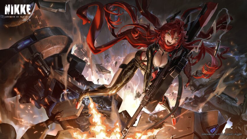 1girl absurdres anti-materiel_rifle biker_clothes bikesuit bodysuit breasts bullpup cavehuuu cleavage explosion goddess_of_victory:_nikke gun highres holding holding_gun holding_weapon horns large_breasts long_hair long_sleeves looking_at_viewer official_art open_mouth rapture_(nikke) red_hair red_hood_(nikke) rifle second-party_source smile sniper_rifle solo teeth tongue weapon yellow_eyes zipper