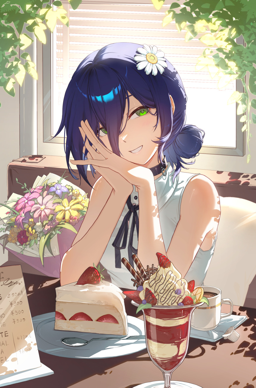 1girl absurdres black_choker blue_hair bouquet cake cake_slice chainsaw_man choker coffee cup enoharatoki flower food fruit green_eyes grenade_pin hair_between_eyes hair_bun hair_flower hair_ornament highres ice_cream indoors mug parfait reze_(chainsaw_man) shirt sleeveless sleeveless_shirt soft_serve solo spoon strawberry strawberry_parfait table wafer_stick whipped_cream white_flower white_shirt window