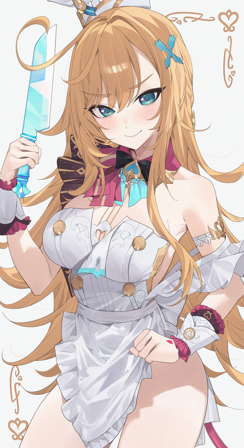 1girl absurdres apron bare_shoulders blue_eyes blush breasts chef_hat cowlick detached_collar escoffier_(genshin_impact) fork_hair_ornament genshin_impact hat highres kaa-san knife large_breasts long_hair looking_at_viewer orange_hair smile solo thighs white_apron white_hat wrist_cuffs
