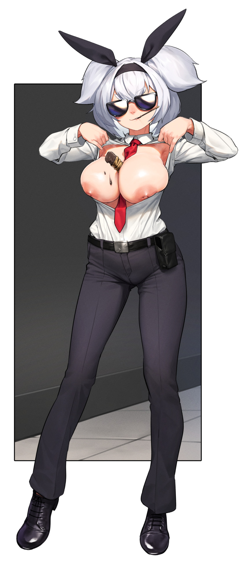 1girl absurdres alvis_(last_origin) armpits beeeeen belt belt_buckle belt_pouch between_breasts black-framed_eyewear black_belt black_hairband black_pants black_shoes border breasts breasts_out buckle candy chocolate chocolate_bar chocolate_on_body chocolate_on_breasts cleavage clothes_lift collared_shirt covered_eyes fingernails food food_between_breasts food_in_mouth food_on_body full_body hairband hands_up heel_up highres indoors inverted_nipples large_breasts last_origin lifting_own_clothes long_sleeves mouth_hold necktie necktie_between_breasts nipples no_bra official_alternate_costume outside_border oxfords pants parted_lips partially_unbuttoned pocky pocky_in_mouth pouch red_necktie shirt shirt_lift shirt_tucked_in shoes short_hair smug solo standing sunglasses thick_eyebrows two_side_up v-shaped_eyebrows white_border white_hair white_shirt