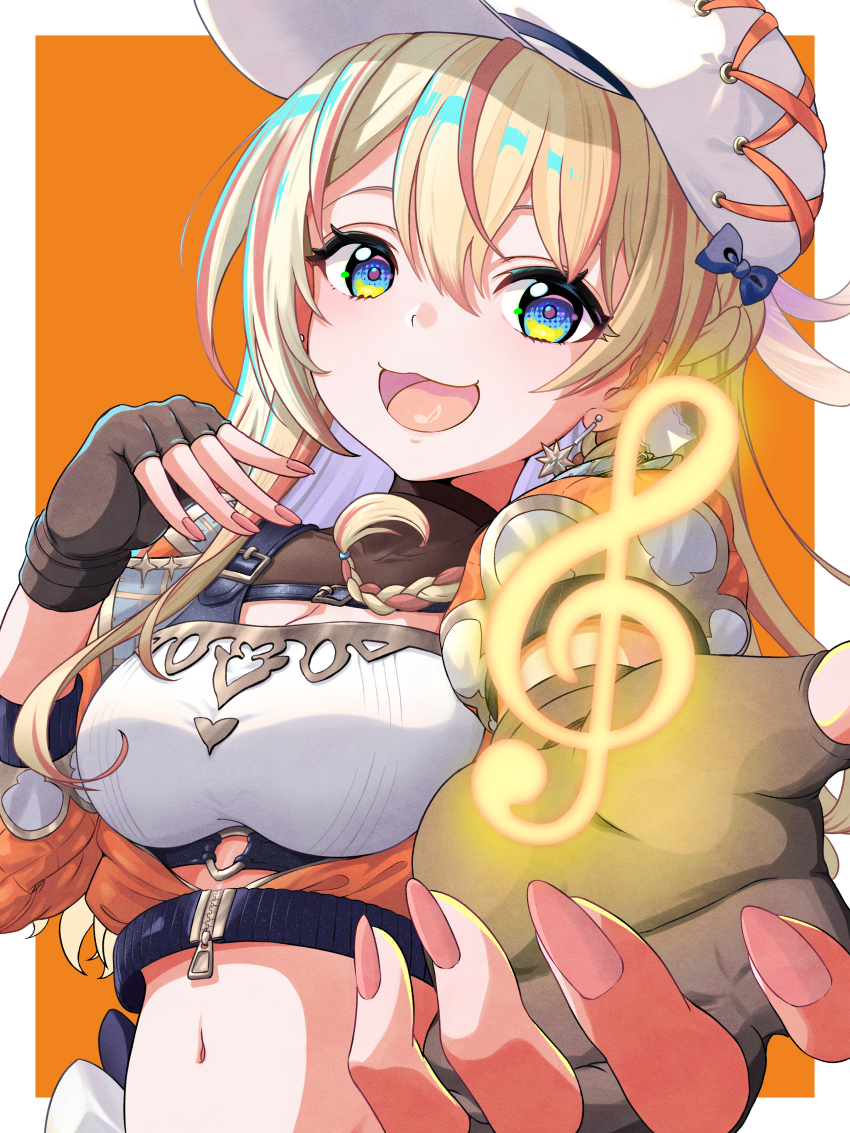 1girl :3 absurdres baseball_cap blonde_hair blue_eyes breasts brown_hair cleavage commentary_request crop_top fingerless_gloves gloves hat highres looking_at_viewer medium_breasts midriff multicolored_hair nanashi_inc. navel official_alternate_costume open_clothes open_mouth open_shirt orange_background orange_hair orange_shirt shirt smile solo touri_sei touri_sei_(2nd_costume) treble_clef two-tone_background two-tone_hair upper_body virtual_youtuber white_background white_hat yawaraka_oniku_hatto