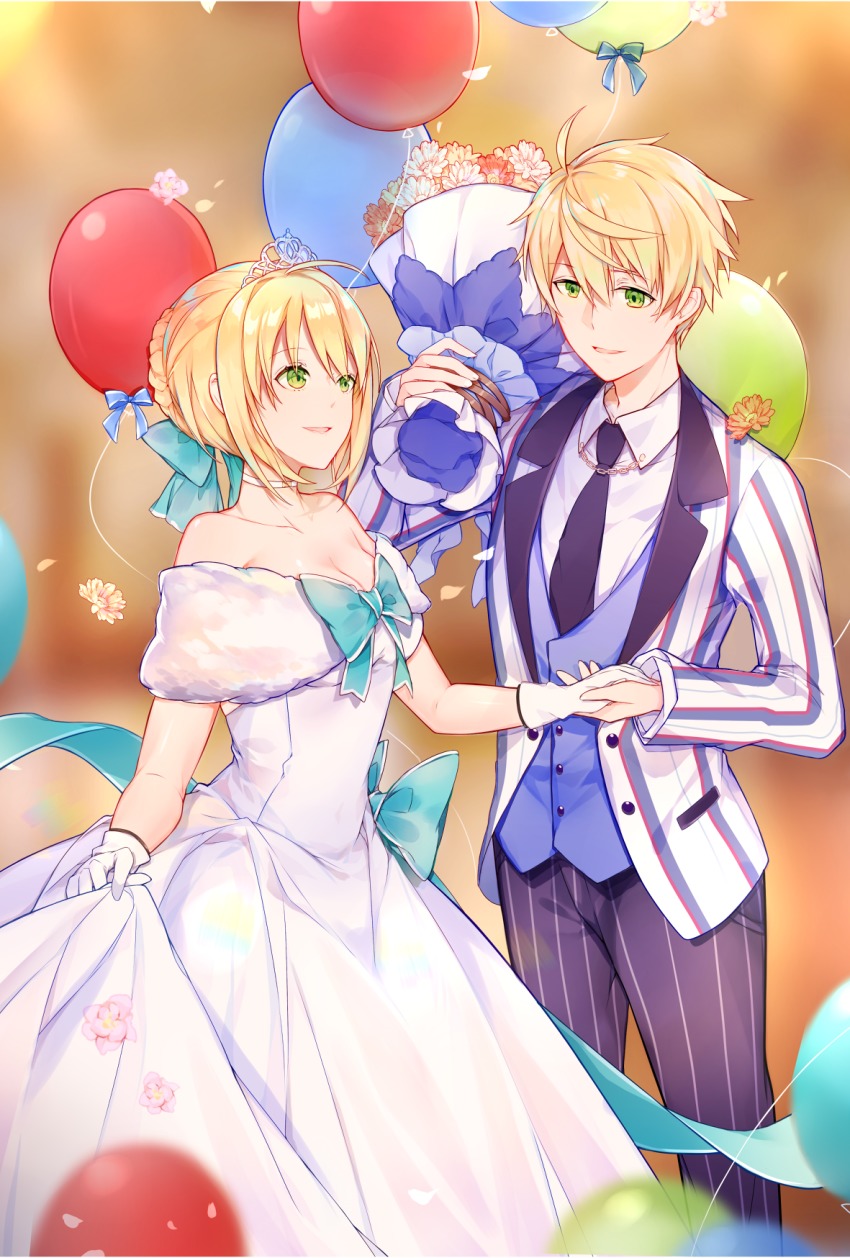 1boy 1girl ahoge aqua_bow arthur_pendragon_(fate) artoria_pendragon_(fate) balloon black_neckwear black_thighhighs blonde_hair bouquet bow breasts choker cleavage collarbone diadem dress fate_(series) flower gloves green_eyes hair_between_eyes hair_bow hetero highres holding holding_bouquet holding_hands medium_breasts miyuki_(miyuki0529) necktie official_alternate_costume pants parted_lips pinstripe_pants pinstripe_pattern saber_(fate) saber_(formal_dress)_(fate) shirt short_hair skirt_hold sleeveless sleeveless_dress striped_clothes striped_pants thighhighs vertical-striped_clothes vertical-striped_pants white_dress white_gloves white_shirt