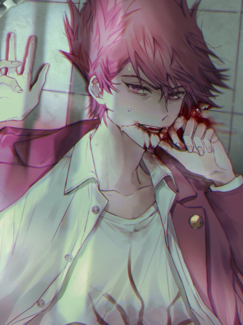 1boy blood blood_from_mouth blood_on_face collarbone commentary danganronpa_(series) danganronpa_v3:_killing_harmony facial_hair goatee grin highres hoejang_huijang jacket jacket_partially_removed long_sleeves looking_at_viewer male_focus momota_kaito on_floor pov pov_hands purple_eyes purple_facial_hair purple_hair shirt short_hair sick smile solo_focus spiked_hair sweat tile_floor tiles upper_body