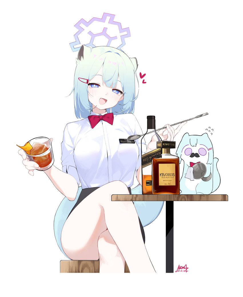1girl absurdres alcohol alternate_costume animal_ears animalization aqua_hair bartender black_skirt blue_archive blue_eyes blue_hair blue_halo blush bow bowtie bright_pupils character_name commentary crossed_legs cup drinking_glass extra_ears fang hair_ornament hairclip halo heart highres holding holding_cup liquor looking_at_viewer miniskirt mona_kkkk name_tag open_mouth pencil_skirt ponta_itachi red_bow red_bowtie round_table shigure_(blue_archive) shirt shirt_tucked_in short_hair shot_glass signature simple_background sitting skirt smile solo table tail weasel weasel_ears weasel_girl weasel_tail whiskey white_background white_pupils white_shirt