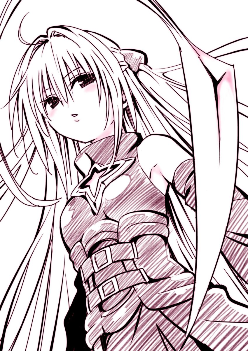 1girl ahoge bare_shoulders breasts clothing_cutout detached_sleeves dress from_below hair_intakes hair_weapon highres konjiki_no_yami long_hair monochrome parted_lips sleeveless sleeveless_dress small_breasts solo star_cutout to_love-ru turtleneck turtleneck_dress very_long_hair yabuki_kentarou