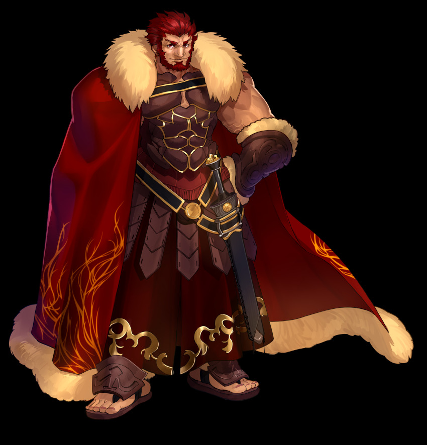 1boy absurdres ancient_greek_clothes armor bara beard belt breastplate cape clothing_cutout dark-skinned_male dark_skin facial_hair fate/extella fate/extra fate/grand_order fate_(series) front_slit full_body fur-trimmed_cape fur_trim greco-roman_clothes hand_on_own_hip highres iskandar_(fate) leather looking_at_viewer male_focus mature_male muscular muscular_male official_art pectorals red_cape red_eyes red_facial_hair red_hair sandals smile solo transparent_background wada_arco