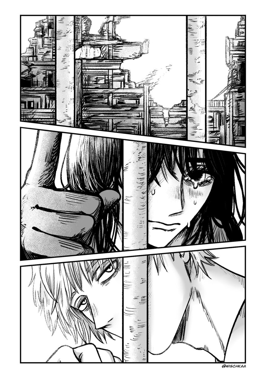 1boy 1girl building chainsaw_man closed_mouth commentary denji_(chainsaw_man) destruction english_commentary greyscale highres index_finger_raised mitaka_asa monochrome outdoors tearing_up wischkaa