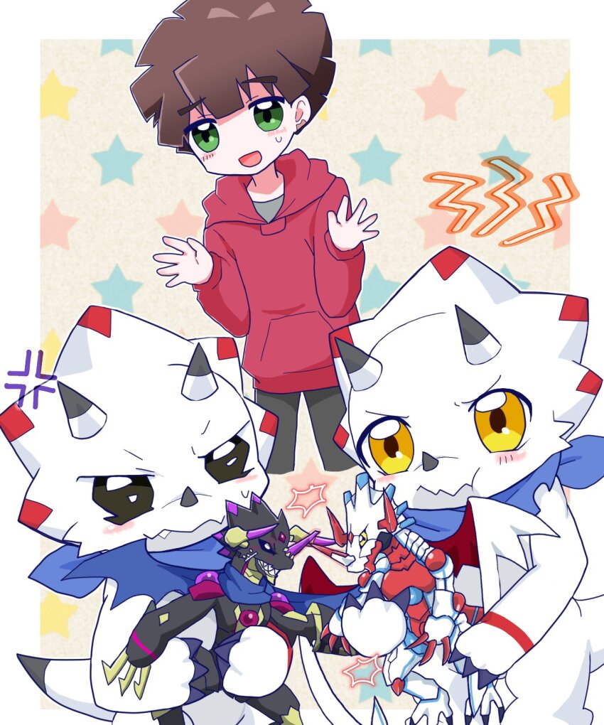 amanokawa_hiro blush brown_hair canoweissmon cape digimon digimon_ghost_game dragon gammamon green_eyes gulusgammamon highres regulusmon short_hair triceratops wings