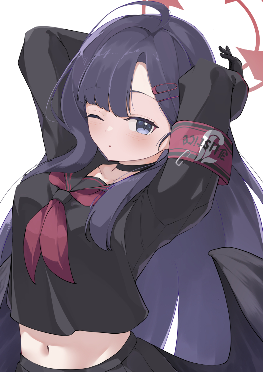 absurdres ahoge armband arms_behind_head black_choker black_gloves black_hair black_sailor_collar black_serafuku black_shirt black_skirt black_wings blue_archive blue_eyes blunt_bangs blush choker commentary eyelashes feathered_wings gloves hair_ornament hairclip halo highres ichika_(blue_archive) justice_task_force_(blue_archive) long_hair long_sleeves looking_at_viewer low_wings midriff navel neckerchief one_eye_closed osmium-76 parted_lips red_armband red_halo red_neckerchief sailor_collar school_uniform serafuku shirt simple_background skirt straight_hair unusually_open_eyes upper_body very_long_hair white_background wings