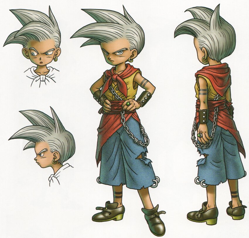 1boy absurdres arm_guards arm_tattoo blue_pants brown_shoes capri_pants chain dragon_quest dragon_quest_monsters dragon_quest_monsters_joker earrings full_body gem gold_earrings green_gemstone grey_eyes hands_on_own_hips hero_(dqmj) highres hoop_earrings jewelry leg_tattoo male_focus multiple_views neckerchief official_art open_mouth pants red_neckerchief red_sash reference_sheet ring sash scan scan_artifacts shoes short_hair single_earring solo spiked_hair tattoo third-party_source toriyama_akira torn_clothes torn_pants vest white_background white_hair yellow_vest