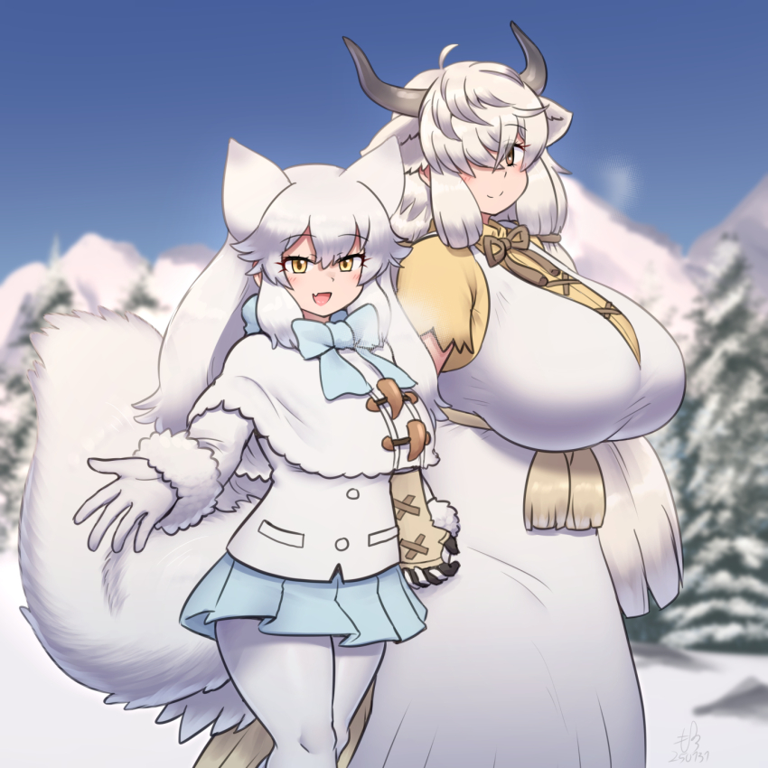 2girls animal_ears arctic_fox_(kemono_friends) blush bow bowtie breasts brown_eyes capelet curvy dress extra_ears fox_ears fox_girl fox_tail fur_trim gloves hair_between_eyes hair_over_one_eye highres horns huge_breasts kemono_friends kemono_friends_3 large_breasts long_hair long_sleeves looking_at_viewer mo23 multiple_girls ox_ears ox_girl ox_horns pantyhose pine_tree ribbon shirt short_sleeves skirt smile snow tail tree twintails very_long_hair white_gloves white_hair winter yak_(kemono_friends) yellow_eyes