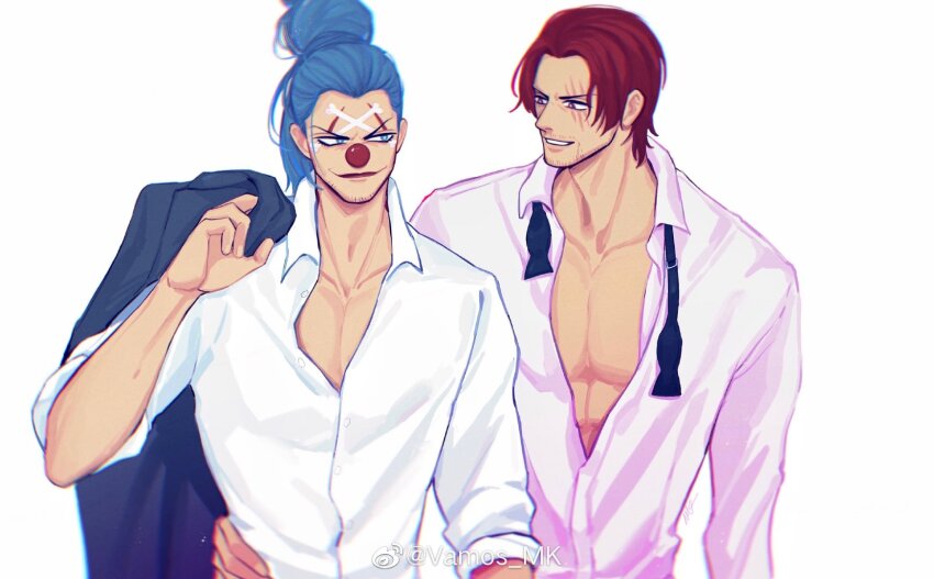 2boys alternate_hairstyle black_necktie blue_eyes blue_hair buggy_the_clown clown_nose collarbone collared_shirt facepaint hair_bun hand_on_another&#039;s_waist highres holding holding_jacket holding_unworn_clothes jacket looking_at_another male_focus multiple_boys necktie one_piece parted_lips pectoral_cleavage pectorals red_hair shanks_(one_piece) shirt short_hair simple_background single_hair_bun sparse_stubble toned toned_male unworn_jacket vamos_mk white_background white_shirt yaoi
