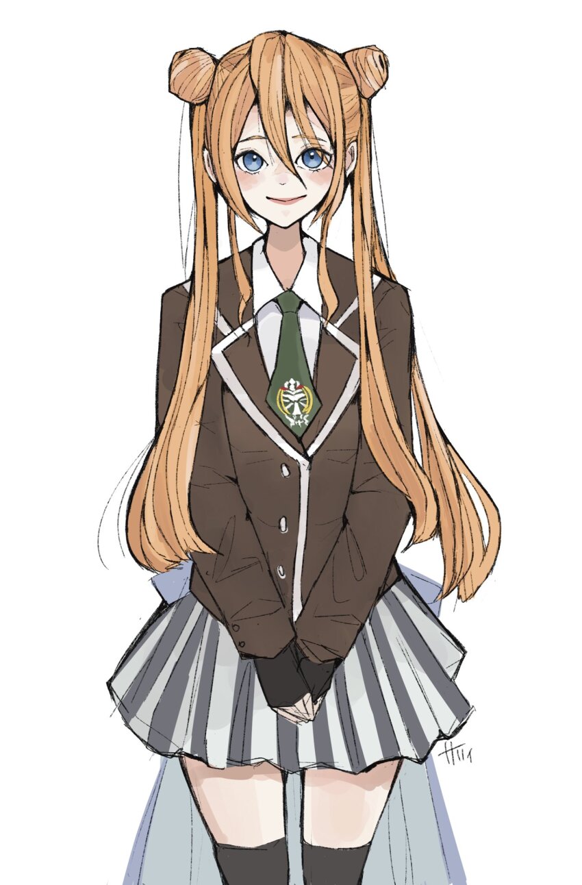 1girl artist_name assault_lily black_gloves black_thighhighs blue_eyes blush brown_jacket closed_mouth collared_shirt commentary_request cowboy_shot double_bun emblem fingerless_gloves gloves green_necktie grey_skirt hair_between_eyes hair_bun highres jacket kusakabe_murasame long_bangs long_hair long_sleeves looking_at_viewer miniskirt necktie orange_hair own_hands_together sally_(allogkk) school_uniform shirt sidelocks simple_background skirt smile solo standing striped_clothes striped_skirt thighhighs twintails v_arms vertical-striped_clothes vertical-striped_skirt very_long_hair waist_cape white_background white_shirt zettai_ryouiki
