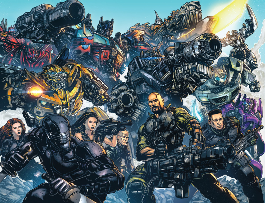 arm_blade armor artist_collaboration assault_visor autobot bald black_hair bumblebee_(transformers) clenched_hand cliffjumper commentary crossover dark-skinned_male dark_skin dual_wielding duke_(g.i._joe) english_commentary eye_trail facial_hair g.i._joe glowing glowing_eyes goatee gun holding holding_gun holding_sword holding_weapon ironhide james_raiz jazz_(transformers) joseph_colton kieran_oats lady_jaye light_trail mecha mecha_request optimus_prime parted_lips red_lips roadblock_(g.i._joe) robot scarlett_(g.i._joe) sideswipe snake_eyes_(character) sunrise_stance sword transformers transformers_(live_action) weapon western_comics_(style)