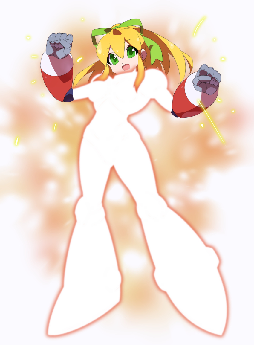 absurdres armor armored_boots armored_gloves arms_up blonde_hair blurry blurry_background boots breasts glowing green_eyes green_ribbon hair_ribbon henshin henshin_pose highres hyper_roll_(marvel_vs._capcom) joints kaidou_zx knee_boots large_breasts long_hair looking_at_viewer marvel_vs._capcom mechanical_arms mechanical_boots mechanical_legs mega_man_(classic) mega_man_(series) ponytail red_armor ribbon robot robot_girl robot_joints roll_(mega_man) shoulder_armor sidelocks simple_background smile sparks transformation white_background