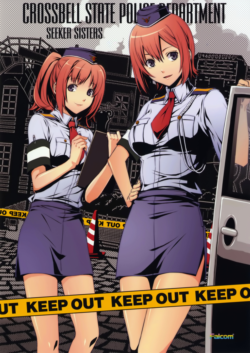 2girls absurdres blue_eyes brown_hair caution_tape company_name eiyuu_densetsu enami_katsumi falcom fran_seeker hat highres keep_out multiple_girls noel_seeker pencil_skirt police police_uniform policewoman short_hair siblings sisters skirt smile twins zero_no_kiseki