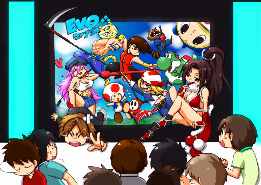 2girls 6+boys androgynous axl_low bandaid bare_shoulders black_hair breasts brown_hair cleavage copyright_name costume crossover egg evolution_championship_series fighting_stance folding_fan guilty_gear guilty_gear_xrd hanamura_yousuke hand_fan head heart highres holding holding_weapon kai_2100 king_(tekken) kuma_(persona_4) large_breasts long_hair looking_at_viewer mario_(series) marvel_vs._capcom marvel_vs._capcom_3 multiple_boys multiple_crossover multiple_girls muscular nintendo pants persona persona_4 pink_hair poison_(final_fight) polearm pout rocket_raccoon saddle saliva scythe shiranui_mai shirt short_sleeves shy_guy sleeping sleeveless street_fighter street_fighter_iv_(series) super_smash_bros. t-shirt tank_top tekken the_king_of_fighters thighs toad_(mario) union_jack very_long_hair vest weapon wince wind yang_lee yoshi