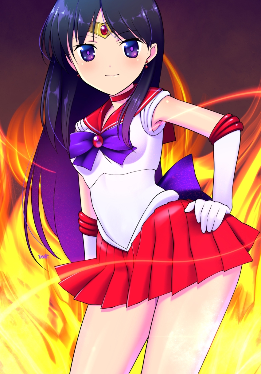 1girl back_bow bishoujo_senshi_sailor_moon black_hair bow breasts choker circlet closed_mouth earrings elbow_gloves fire gloves hand_on_own_hip highres himehachi_(hime8manga) hino_rei jewelry long_hair looking_at_viewer magical_girl medium_breasts miniskirt pleated_skirt purple_bow purple_eyes red_choker red_sailor_collar red_skirt sailor_collar sailor_mars sailor_senshi_uniform shirt skirt sleeveless sleeveless_shirt smile solo star_(symbol) star_earrings white_gloves white_shirt
