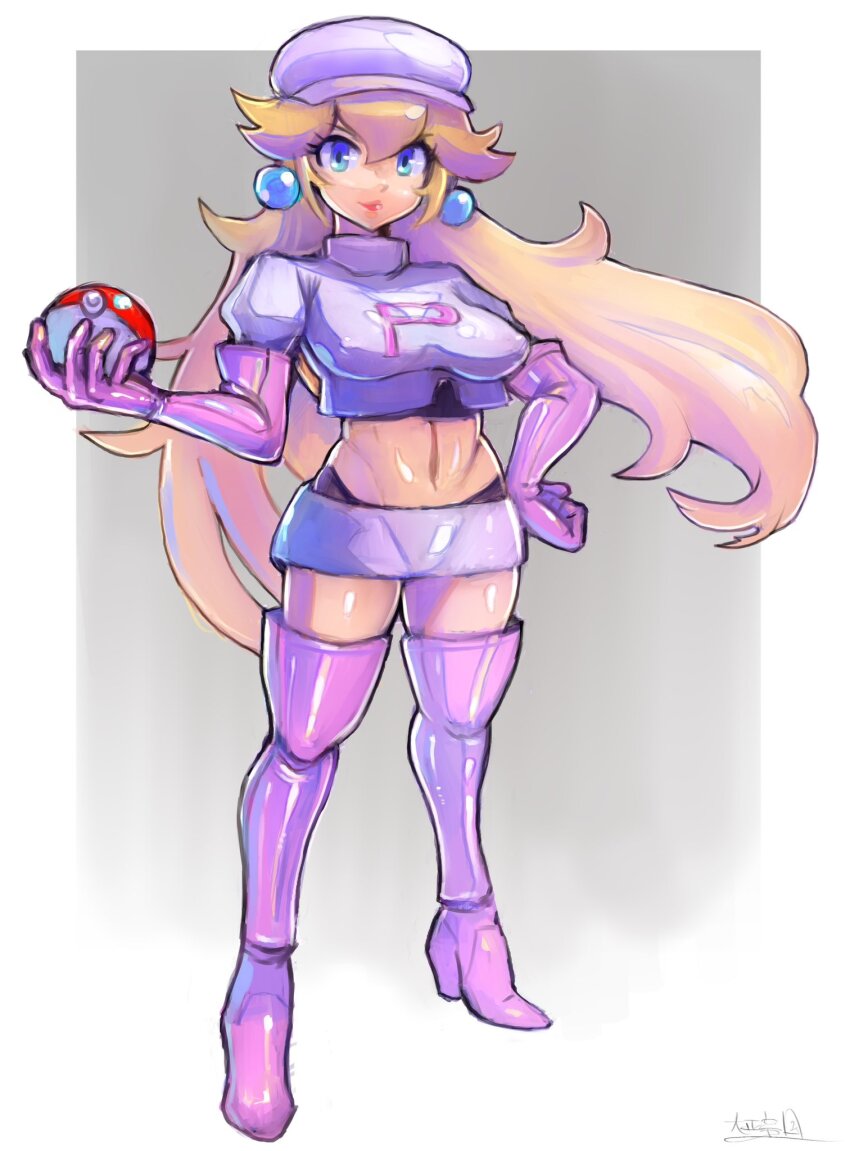 1girl blonde_hair blue_eyes boots cosplay crop_top earrings elbow_gloves full_body gloves hand_on_own_hip hat highres holding holding_poke_ball jewelry light_smile long_hair mario_(series) midriff miniskirt navel nintendo oomasa_teikoku panties panty_peek pink_boots pink_gloves poke_ball pokemon princess_peach skirt solo team_rocket team_rocket_grunt team_rocket_grunt_(cosplay) team_rocket_uniform thigh_boots underwear very_long_hair white_hat