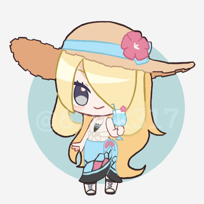 1girl 67wk317 blonde_hair blue_sarong brown_hat chibi chibi_only closed_mouth commentary crop_top cup cynthia_(pokemon) cynthia_(summer_2025)_(pokemon) drinking_glass drinking_straw flower full_body grey_eyes hair_over_one_eye hat hat_flower highres holding holding_cup looking_at_viewer midriff nintendo official_alternate_costume pokemon pokemon_masters_ex sarong smile solo sun_hat twitter_username