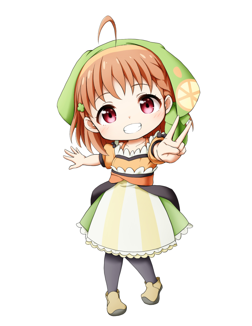 1girl ahoge apron black_pantyhose braid brown_hair brown_shoes chibi chika_(genjitsu_no_yohane) collarbone full_body genjitsu_no_yohane green_headscarf green_skirt grin head_tilt headscarf highres kuena love_live! love_live!_sunshine!! orange_shirt outstretched_arm pantyhose puffy_short_sleeves puffy_sleeves purple_eyes shirt shoes short_sleeves simple_background skirt smile solo striped_apron striped_clothes takami_chika vertical-striped_apron vertical-striped_clothes waist_apron white_background