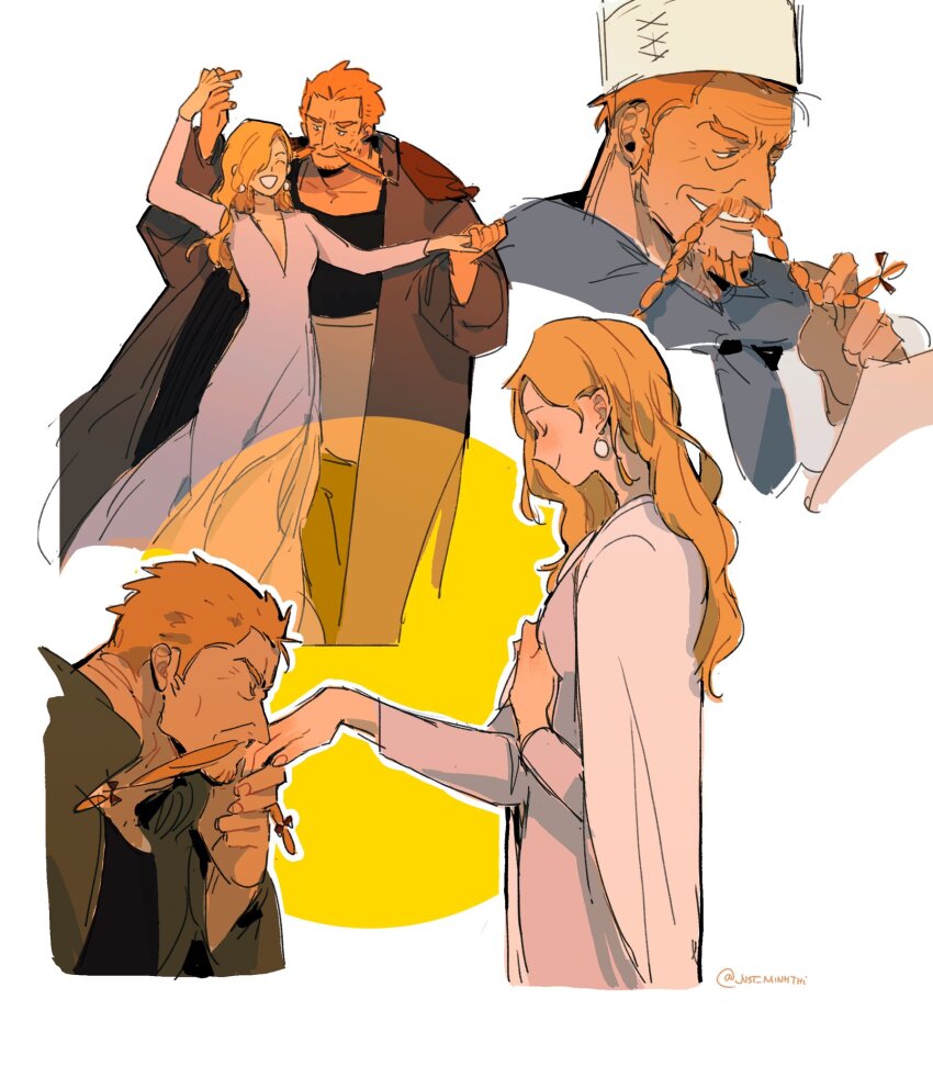 1boy 1girl alternate_universe beard blonde_hair blush braid braided_beard braided_mustache chef chef_hat closed_eyes closed_mouth coat commentary couple dancing dress earrings facial_hair goatee grin hand_grab hat hetero highres holding_hands jewelry kiss kissing_hand long_hair long_mustache long_sleeves looking_at_another mustache one_piece red-leg_zeff shirt short_hair smile symbol-only_commentary thi_(just_minhthi) tied_beard twitter_username very_long_mustache vinsmoke_sora white_dress