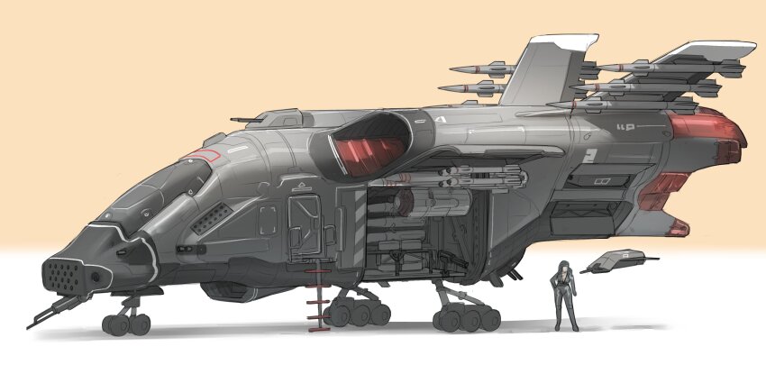 1girl absurdres aircraft catsuit commentary commission door drone english_commentary hand_on_own_hip highres ladder landing_gear missile missile_pod notfuji original rotary_cannon science_fiction shadow standing vehicle_focus