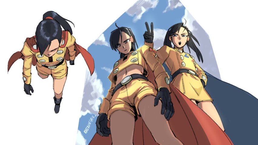2girls belt black_footwear black_gloves black_hair blue_cape cape cloud commentary copyright_request cosplay crop_top dragon_ball dragon_ball_super dragon_ball_super_super_hero english_commentary gamma_1 gamma_1_(cosplay) gamma_2 gamma_2_(cosplay) genniax gloves hand_on_own_hip highres long_hair looking_at_viewer looking_down midriff multiple_girls open_mouth ponytail red_cape shirt shorts skirt standing v walking yellow_shirt yellow_shorts yellow_skirt