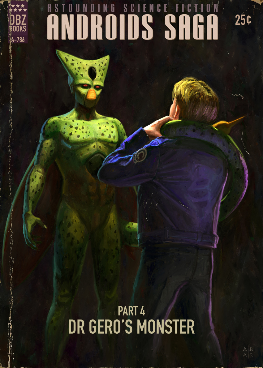 1boy asphyxiation astor_alexander blonde_hair blue_jacket blue_pants cell_(dragon_ball) colored_skin commentary cover downscaled dragon_ball dragonball_z fake_cover green_skin highres imperfect_cell jacket monster neck_lift pants prehensile_tail realistic red_eyes resized retro_artstyle slit_pupils standing strangling tail tail_wrap trunks_(dragon_ball) trunks_(future)_(dragon_ball) wings