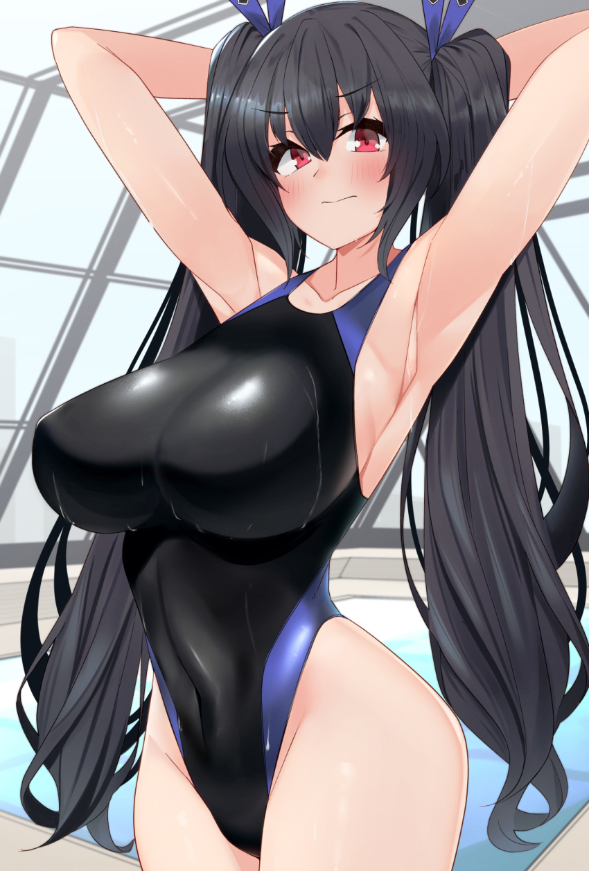 1girl alternate_breast_size alternate_costume armpits arms_behind_head arms_up black_hair black_one-piece_swimsuit blue_ribbon blush breasts choujigen_game_neptune competition_swimsuit covered_navel cowboy_shot dura_(dura110) hair_between_eyes hair_ribbon highleg highres indoors large_breasts long_hair looking_at_viewer neptune_(series) noire_(neptunia) one-piece_swimsuit pool red_eyes rei_no_pool ribbon solo standing swimsuit twintails two-tone_swimsuit very_long_hair wet