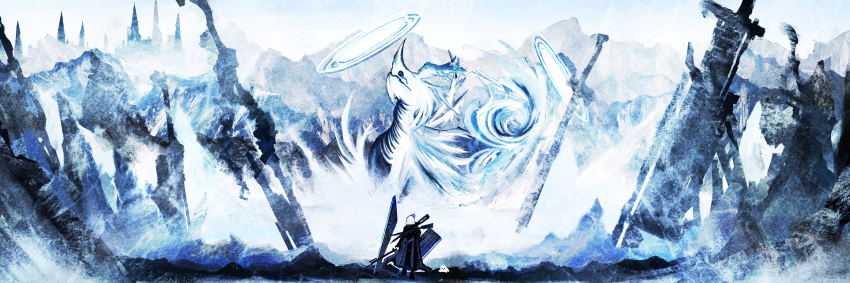 1girl absurdres blue_theme from_behind halo highres huge_weapon monster mountainous_horizon original outdoors planted planted_sword planted_weapon riz_kira scenery snow solo standing sword weapon white_hair