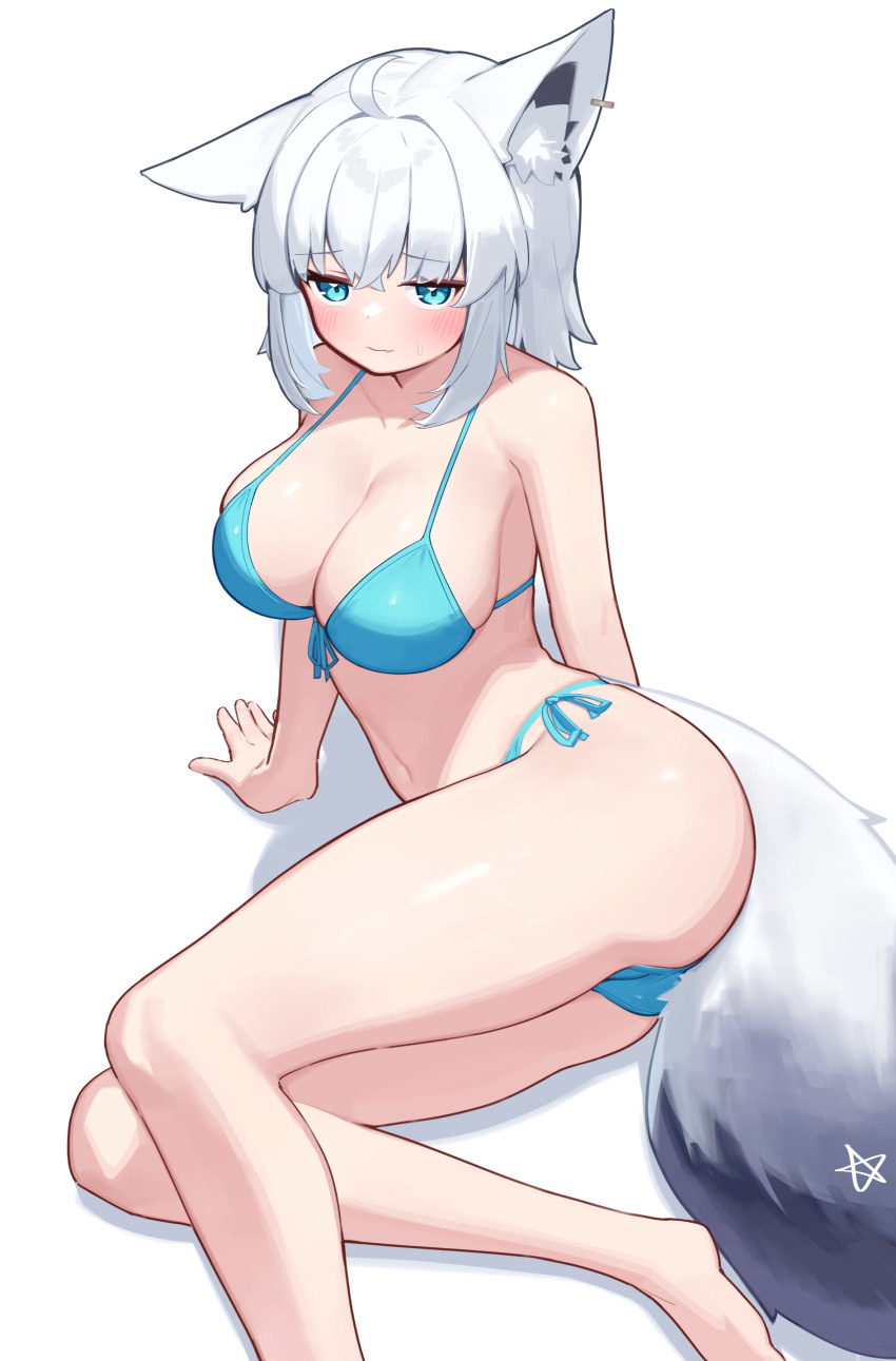 1girl absurdres ahoge alternate_costume alternate_hair_length alternate_hairstyle animal_ears aqua_eyes ass bikini blue_bikini blush breasts cleavage closed_mouth commentary fox_ears fox_girl fox_tail highres hololive large_breasts looking_at_viewer shirakami_fubuki short_hair side-tie_bikini_bottom simple_background sitting solo swimsuit tail thick_thighs thighs verdey virtual_youtuber white_background white_hair yokozuwari