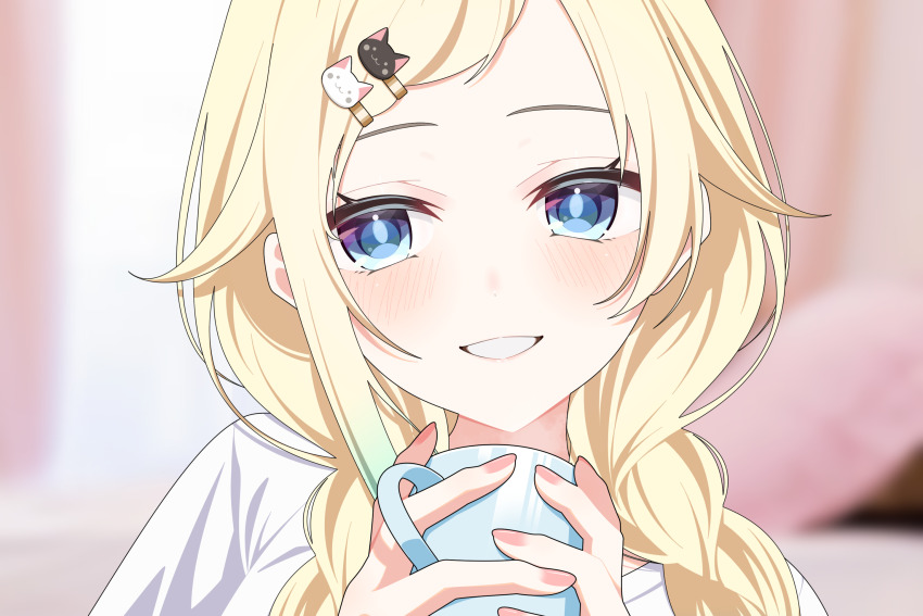 1girl aizawa_ema aizawa_ema_(4th_costume) alternate_costume blonde_hair blue_eyes blurry blurry_background blush braid cat_hair_ornament commentary_request cup grin hair_flaps hair_ornament hairclip hands_up highres holding holding_cup long_hair looking_at_viewer omas_lie portrait smile solo twin_braids virtual_youtuber vspo!