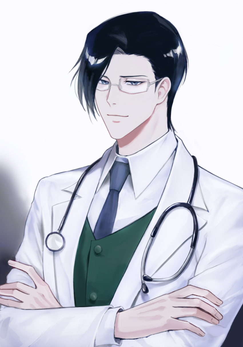 1boy 22nae2 aged_up black_hair bleach bleach:_epilogue blue_eyes blue_necktie closed_mouth collared_shirt commentary_request crossed_arms doctor glasses green_vest highres ishida_uryuu jacket korean_commentary long_sleeves looking_at_viewer male_focus mature_male necktie nose open_clothes open_jacket semi-rimless_eyewear shirt short_hair smile solo stethoscope tsurime vest white-framed_eyewear white_jacket white_shirt