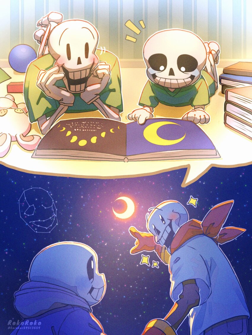 2boys artist_name black_pants blue_jacket blush book book_stack brothers crescent gloves green_shirt highres hood hood_down hooded_jacket jacket korokor59513559 lying male_focus moon multiple_boys night night_sky on_stomach open_book open_mouth pants papyrus_(undertale) pointing reading red_gloves red_scarf sans_(undertale) scarf shirt siblings skeleton sky smile star_(sky) starry_sky stuffed_animal stuffed_rabbit stuffed_toy teeth twitter_username undertale w.d._gaster white_shirt