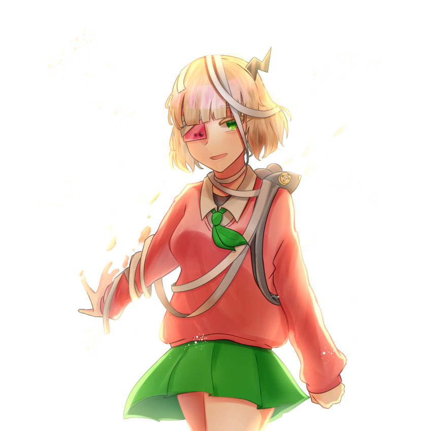 1girl bandaged_head bandages black_horns blonde_hair blunt_bangs breasts cellphone clenched_hand collared_shirt disappear eyepatch green_eyes green_neckerchief green_skirt highres horns light_particles light_smile long_sleeves looking_at_viewer miniskirt neckerchief open_collar open_mouth outstretched_arm phone phone_eyepatch pink_sweater pleated_skirt puffy_sleeves ruru_(shinsei_kamattechan) shinsei_kamattechan shirt short_hair single_horn skirt small_breasts stuffed_animal stuffed_mouse stuffed_toy sweater thighs translation_request user_eduf4534 white_background white_shirt