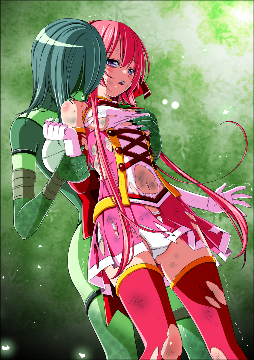 2girls absurdres abuse back_bow beaten biting biting_shoulder bleeding blood blood_drip blood_sucking blush body_blush bodysuit bow breasts brooch bruise bruise_on_arm bruise_on_face bruise_on_leg bruise_on_stomach character_request closed_eyes clover clover_rose collared_dress cowboy_shot detached_sleeves dilated_pupils dirty dirty_clothes dress drinking_blood eyebrows_hidden_by_hair fangs feet_out_of_frame flower four-leaf_clover gloves grabbing_another&#039;s_breast grabbing_from_behind green_background green_scales groping hair_flower hair_ornament hairband half-closed_eyes hand_under_clothes hand_up head_tilt helmet highres holding_back immobilization injury jewelry koeda0111 lace lace-trimmed_dress lace_trim legs_apart leotard long_sidelocks looking_afar magical_girl miniskirt molestation monster_girl multicolored_dress multicolored_skirt multiple_girls navel open_mouth original pain panties pantyshot peril pink_dress pink_hair pink_skirt pleated_dress pleated_skirt red_bow red_brooch red_hairband reptile_girl restrained ryona scales scratches short_dress short_hair short_hair_with_long_locks sidelocks skirt sleeveless sleeveless_dress small_breasts standing standing_restraints surprised teeth thighhighs thighs torn torn_bow torn_clothes torn_dress torn_skirt torn_sleeves torn_thighhighs trembling underwear upper_teeth_only upright_restraints utsugi_chisaki very_long_sidelocks violence white_panties yotsuba_no_senki_clover_rose yuri zettai_ryouiki