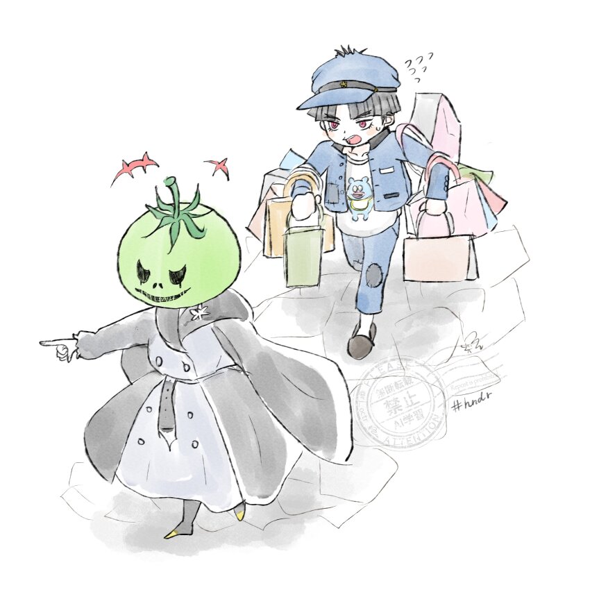 1boy 1girl absurdres bag black_hair blue_hat blue_jacket blue_pants blush full_body hat highres holding holding_bag holding_shopping_bag jacket maruko_gaku mask mask_on_head oosuzuki_kurara open_mouth pants red_hair shirt shopping_bag simple_background slippers teeth the_hundred_line_-last_defense_academy- tomato tongue upper_teeth_only white_background white_shirt
