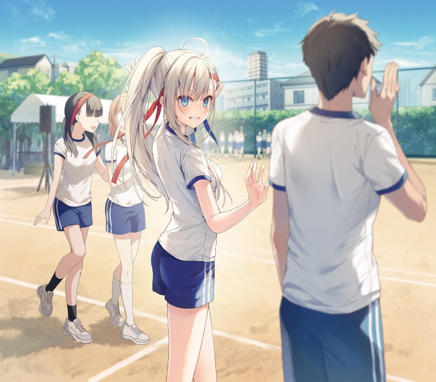 6+girls bcoca black_hair black_socks blonde_hair blue_eyes blue_shorts blue_sky building cloud cover cover_page day faceless faceless_female grin gym_shirt gym_uniform hand_to_own_mouth headband highres long_hair looking_back machigane_lily minazuki_saito multiple_girls novel_cover official_art ore_no_osananajimi_wa_main_heroine_rashii. outdoors outstretched_hand pants ponytail second-party_source shirt shoes short_hair short_sleeves shorts sky smile sneakers socks tree walking white_shirt white_shoes white_socks