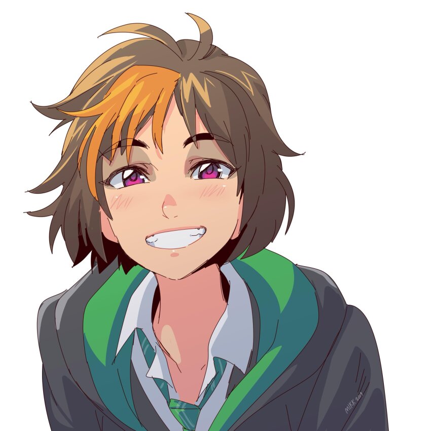 blush brown_hair collar green_necktie harry_potter:_hogwarts_mystery harry_potter_(series) highres hogwarts_school_uniform looking_at_viewer merula_snyde mikkusushi multicolored_hair necktie non-web_source orange_hair purple_eyes robe school_uniform short_hair slytherin smile two-tone_hair upper_body white_background white_collar wizarding_world