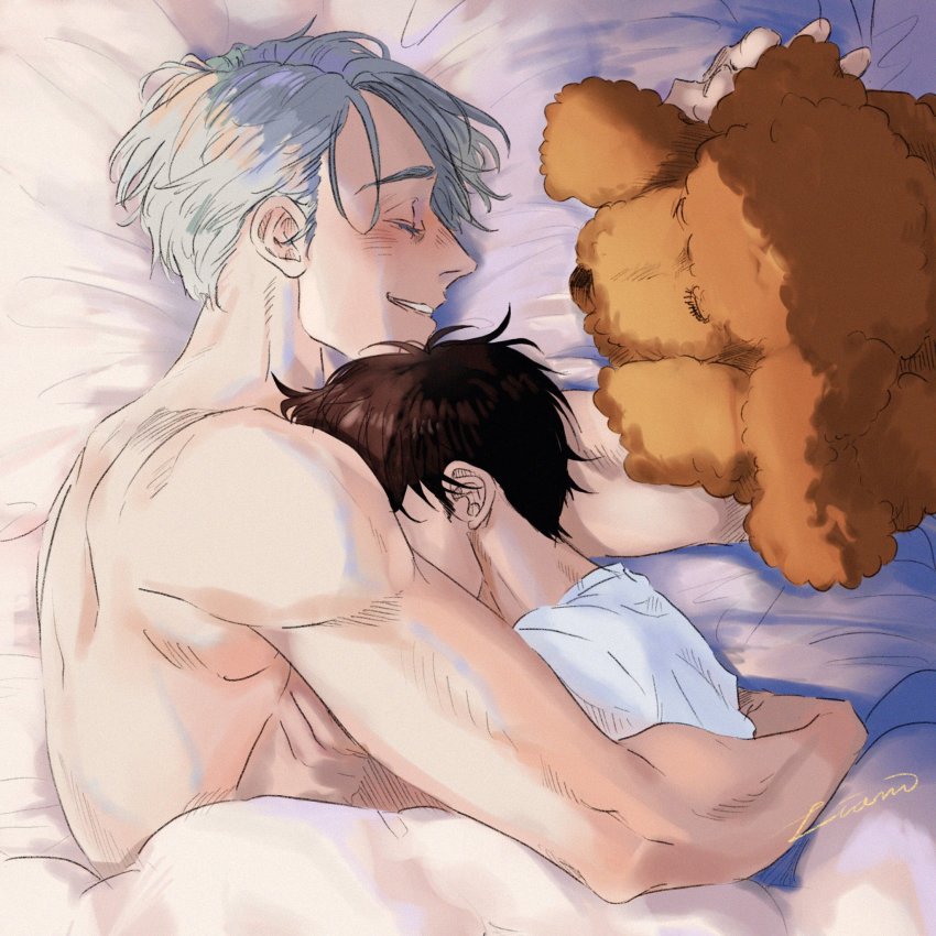 2boys animal arm_around_back artist_name backlighting bed bed_sheet black_hair blush closed_eyes colored_eyelashes day dog eyelashes facing_away from_above hand_on_another&#039;s_back happy hidden_face highres hug katsuki_yuuri liam_yoi light_blush lying makkachin male_focus multiple_boys muscular nape nose_blush on_bed on_side parted_lips petting pillow profile shadow shirt shoulder_blades silver_hair sleeping smile sunlight teeth topless_male viktor_nikiforov waking_up white_shirt yaoi yuri!!!_on_ice