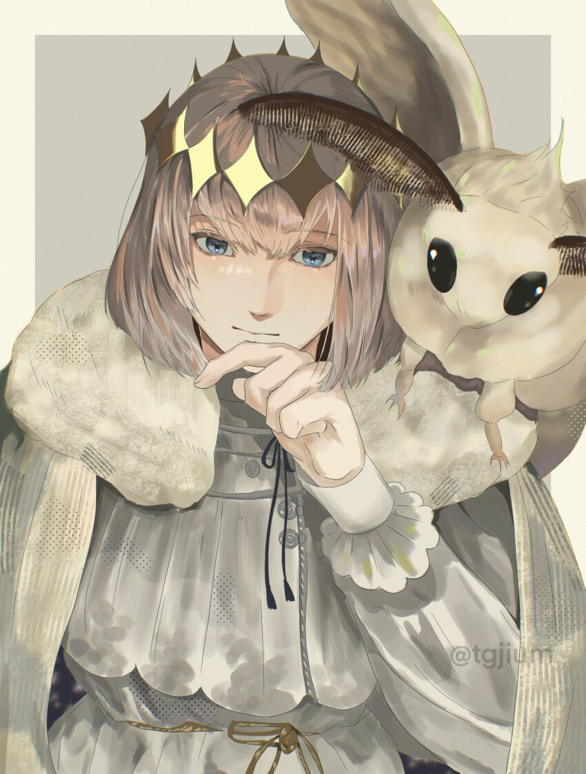 1boy blanca_(fate) blue_eyes border bug cape crown diamond_hairband fate/grand_order fate_(series) fur-trimmed_cape fur_trim grey_background grey_hair highres insect long_sleeves looking_at_viewer male_focus medium_hair moth oberon_(fate) oberon_(second_ascension)_(fate) r0_knr52 simple_background solo upper_body white_border