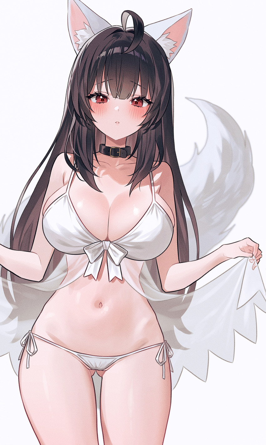 1girl ahoge animal_ears bare_arms bare_shoulders bikini black_choker black_hair breasts choker cleavage commission cowboy_shot fox_ears fox_girl fox_tail front-tie_bikini_top front-tie_top fymrie gluteal_fold highres large_breasts lifting_own_clothes navel original parted_lips red_eyes see-through_clothes side-tie_bikini_bottom simple_background skindentation solo spaghetti_strap standing stomach string_bikini swimsuit tail tail_raised thighs white_background white_bikini
