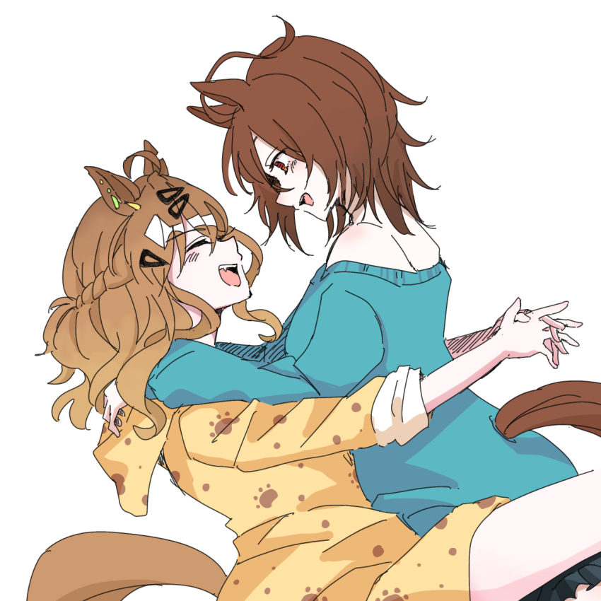 2girls :d agnes_tachyon_(umamusume) ahoge animal_ears aqua_sweater blush braid brown_hair brown_tail closed_eyes commentary_request ear_ornament fang hair_between_eyes hair_ornament hairclip half_up_braid highres horse_ears horse_girl horse_tail hug jungle_pocket_(umamusume) long_sleeves looking_at_another medium_hair multiple_girls notched_ear off-shoulder_sweater off_shoulder open_mouth paw_print puffy_long_sleeves puffy_sleeves red_eyes shiruko_(oshiruko) sidelocks simple_background sleepwear sleeves_rolled_up smile sweater tail umamusume white_background white_hair
