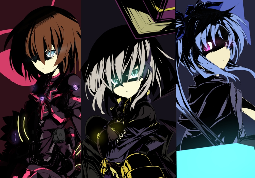 3girls armor blue_eyes blue_hair brown_hair bygddd5 cape crossed_arms glowing glowing_eyes green_eyes grey_hair hair_ribbon highres lyrical_nanoha magical_girl mahou_shoujo_lyrical_nanoha mahou_shoujo_lyrical_nanoha_a&#039;s mahou_shoujo_lyrical_nanoha_a&#039;s_portable:_the_battle_of_aces lord_dearche levi_the_slasher stern_the_destructor multiple_girls puffy_sleeves purple_eyes ribbon short_hair tome_of_the_purple_sky twintails