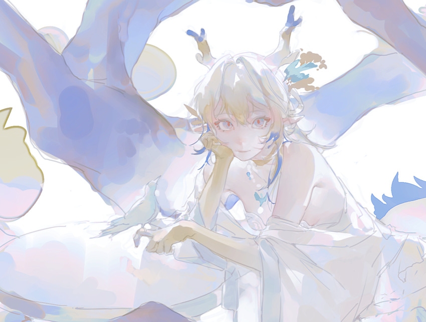 1girl 2409819847 ambience_synesthesia animal arknights bare_shoulders bird bird_on_hand blonde_hair blue_eyes blue_hair chinese_commentary choker closed_mouth colored_extremities commentary_request dragon_girl dragon_horns grey_hair hair_between_eyes head_rest horns light_smile long_hair looking_at_viewer multicolored_hair muted_color official_alternate_costume orange_pupils partial_commentary pointy_ears shu_(arknights) shu_(bingwenyuyou)_(arknights) sketch solo yellow_choker