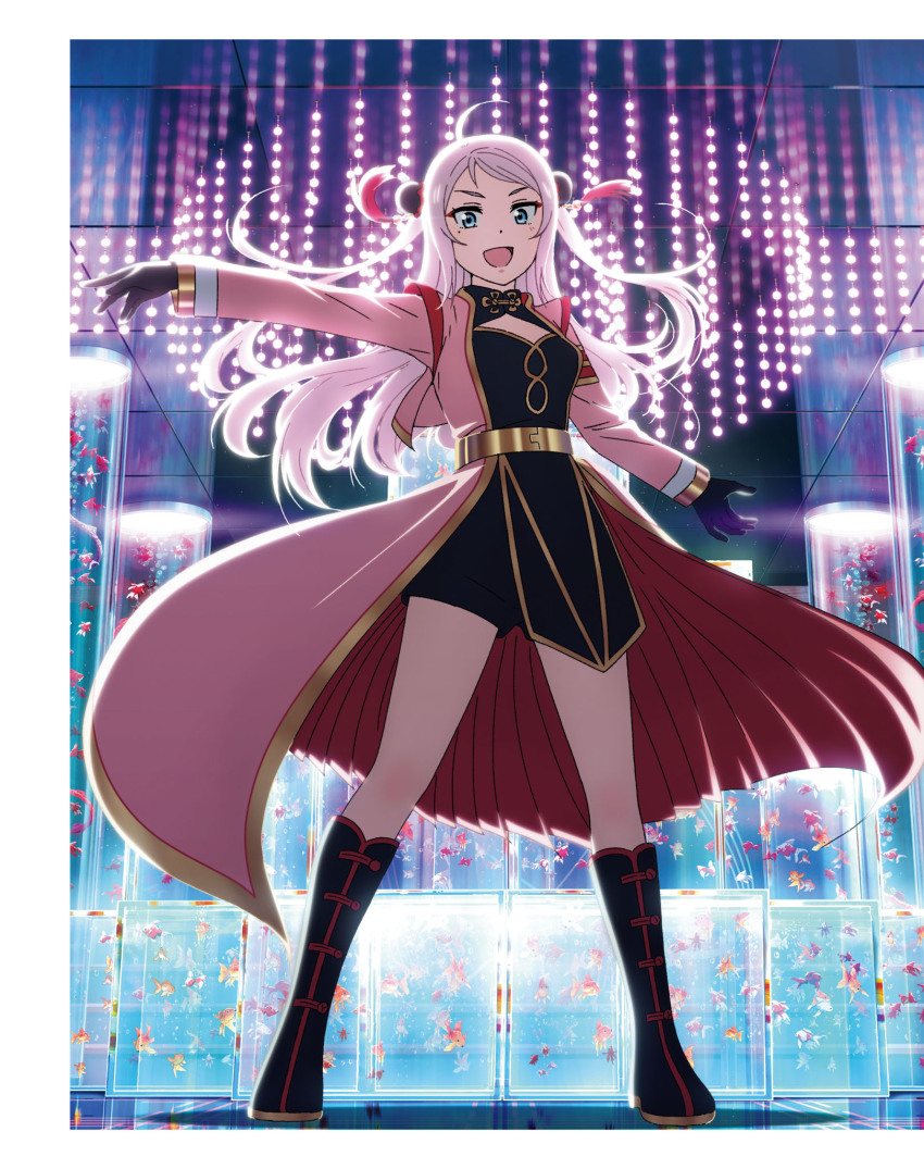 1girl :d ahoge artbook belt black_dress black_gloves black_shorts blue_eyes boots cleavage_cutout clothing_cutout double_bun dress fish full_body gloves hair_bun highres knee_boots long_hair long_sleeves looking_at_viewer love_live! love_live!_nijigasaki_high_school_idol_club mole mole_under_eye non-web_source official_art open_mouth outstretched_arm outstretched_arms pink_hair screen shorts sidelocks smile solo spread_arms standing two_side_up yokota_takumi zhong_lanzhu