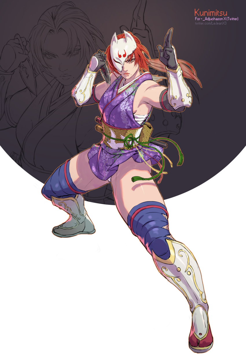 1girl arm_guards black_gloves blue_thighhighs broken_mask elbow_gloves fighting_stance floral_print floral_print_kimono fox_mask gloves half_mask highres holding holding_weapon japanese_clothes kimono kuji-in kunai kunimitsu_(tekken) looking_at_viewer mask mole mole_under_mouth ninja obi one_eye_covered pale_skin patterned ponytail print_kimono print_sash purple_kimono red_hair rejean_dubois sash saya_(scabbard) scabbard sheath shin_guards short_kimono solo split_ponytail tabi thighhighs weapon